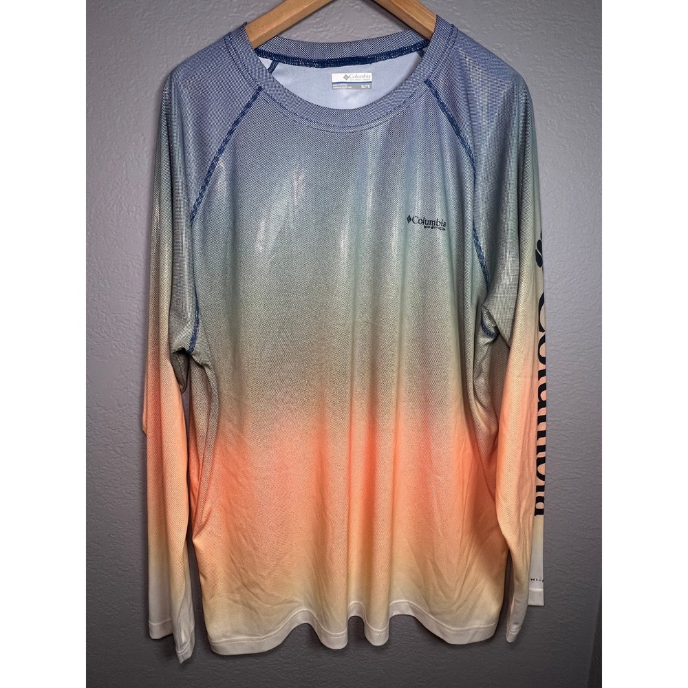 Columbia PFG Mens XL Long Sleeve Ombre Sun Protection Fishing Shirt Blue Orange